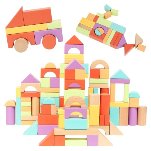 Nene Toys Blocs de Construction en Bois 100 Pièces – Blocs en Bois FSC aux Couleurs Vives pour Enfants dès 1 an – Jeu Montessori d'Éveil, Empilage & Tri pour Filles & Garçons – Idée Cadeau 1 2 3 Ans