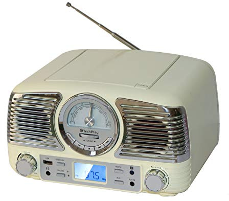 TechPlay QT62BT, Retro Design Compact Stereo CD, with AM/FM Rotary knob, Wireless Bluetooth Reception, and USB Port. with AUX in and Headphone Jack