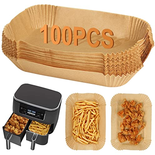 BYKITCHEN 100pcs Air Fryer Liners for Ninja Dual, Air Fryer AF300UK AF400UK Accessories, Disposable Airfryer Parchment Paper Liners, Compatible with Ninja, Breville, Tower & Other Dual Zone Fryers