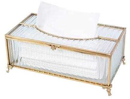 SLHEQING Taschentücher Box Gold Kosmetiktücher Box Rechteckiger Taschentuchspender aus Glas und Metall Taschentuchbox für Kommode Badezimmer Dekor Esszimmer Schlafzimmer Büro