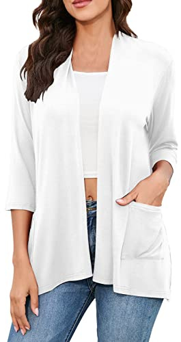 IQYU Chaqueta de punto negra para mujer, larga, fina, con bolsillos, chaqueta de punto con manga 3/4, chaqueta de verano deportiva, ligera, chaqueta de primavera larga, moderna, festiva