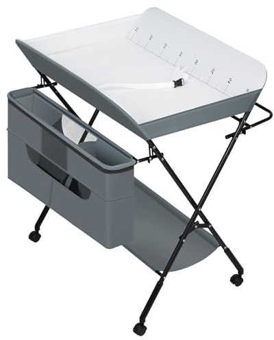 WOLTU mobiler Wickeltisch mit Wickelaufsatz, klappbare und höhenverstellbare Wickelkommode, Wickelkombi mit Sicherheitsgurt Aufbewahrungskorb und Kleiderstange, Grau aus Metall und Oxfordgewebe