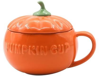 PORUPAEL Pumpkin Shape Ceramic Cup, 12oz Halloween Coffee Tea Mug With Lid for Milk, Soup, Spices - Party Favor
