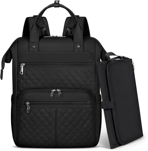 RAINSMORE Baby Wickelrucksack Groß mit Mobiler Wickelauflage Multifunktions Wickeltasche Kinderwagen Rucksack Wasserabweisend Babytasche Diaper Bag für Mama und Papa Schwarz