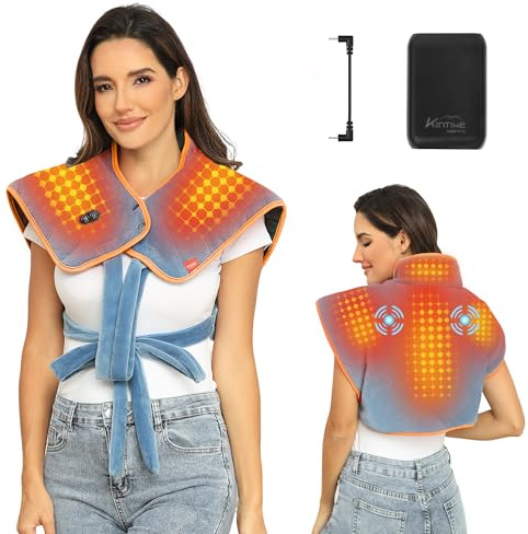 Cordless Weighted Heat Pad for Neck Shoulder Back Pain Relief,12V Heating Pad with 15000mAh Rechargeable Battery,3 Vibration Massager Modes and 3 Heating Levels,Portable Electric Heated Shoulder Wrap