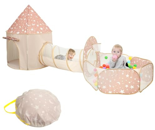 3 in 1 Pop Up Kids Play Tent with Tunnel and Ball Pit Comfortable Toddlers Crawl Tunnel Kids Playhouse Multipurpose Garden Tent Fort with Carrying Bag for Boys Girls Babies Indoor Outdoor Use