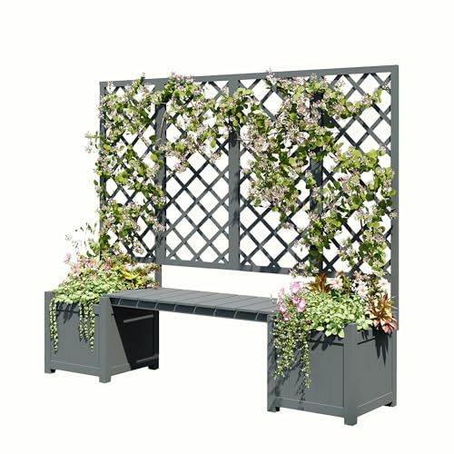 Laxnb Pflanzkasten Blumenkasten mit Rankgitter, Pflanzkübel mit Sichtschutz, Pflanzgefäß mit Spalier als Rankhilfe, Holz Blumenkübel Planter Box mit Sitz, Garten Hof Terrasse, Massivholz Grau-D