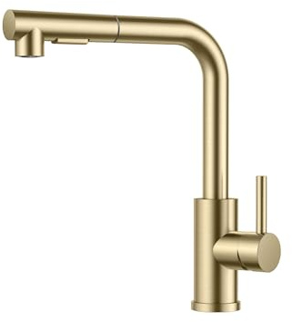 FORIOUS Wasserhahn Küche, Küchenarmatur Ausziehbar mit Brause, Spültischarmatur Küche, L-förmiger Edelstahl Mischbatterie Armatur, Zwei Sprühfunktionen, 360° Schwenkbar, Gebürstetes Gold