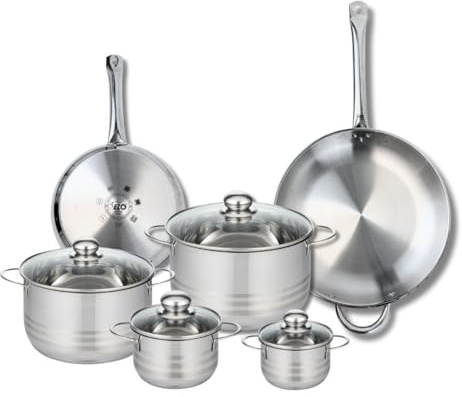 ELO 9881050 Batterie de cuisine 6 pièces, Ensemble de 2 Poêles de cuisson 24 et 32 cm et 4 faitouts 12, 14, 20 et 24 cm Elo Profi Brillant, inox, induction, Gris