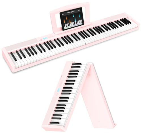 TERENCE Piano digital para adultos, instrumento musical con 88 teclas ponderadas, batería de 1800 mAh, 2 altavoces de 25 W, piano plegable, portátil, compatible con Bluetooth e interfaces MIDI,Rosa