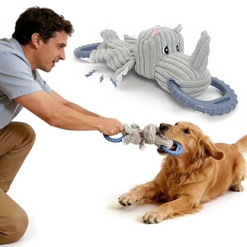 LuciPaw Corduroy Dog Chew Toy with Squeaker and Interactive Rubber Ring for Small Medium Large Breeds - Ideal for Tug of War and Fetch Play (Medium, Rhino)