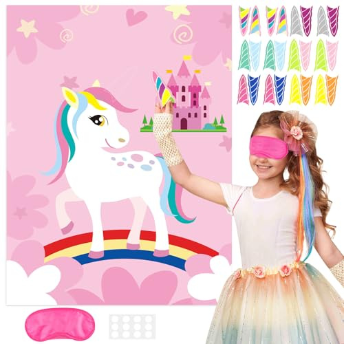 Fantasyon Pin the Horn on the Unicorn, Pin the Tail Party Games with 72x54 cm Poster,24 Horns,1 Eye Mask, Unicorn Birthday Party Decorations Christmas Activities Crafts Party Supplies
