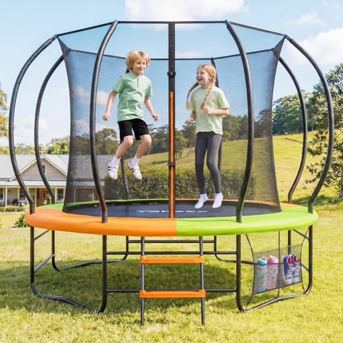 Trampoline Extérieur Enfant Ø 228/305/366 cm, Certificat GS, Trampoline pour Enfants et Adultes <150 kg, Filet de Sécurité, Échelle, Sac de Rangement, Coussin de Protection et Poteaux Rembourrés