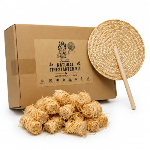 Wibell – Kit Allume-feu Naturel | 150 Allume-Feux en Laine de Bois + 1 Éventail Tressé | Écologique | Barbecue, Poêles à Bois, Fours à Pizza, Foyers Ouverts, Cheminées