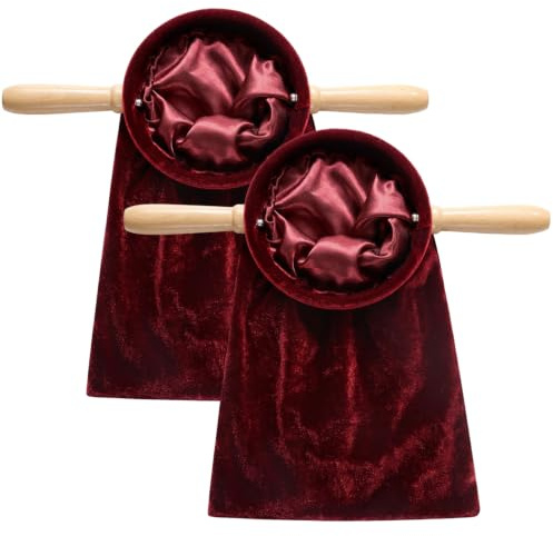 1 paquete de bolsas de ofrendas para la iglesia, cestas de ofrendas de la iglesia - Bolsa de punto flocado burdeos con mango de madera