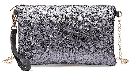 Miss Lulu Evening Party Clutch Chain Strap Shining Sequins Handbag Shoulder Bag Cross Body Bag For Women Girl, M, Lh1765 Gy