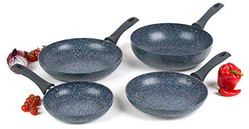 Russell Hobbs COMBO-5390 Nightfall Stone 4-Piece Pan Set, Non-Stick Frying Pan and Stir Fry Pan Set, 20/24/28 cm Pressed Aluminium Cookware, Induction Hob Fry Pan and Wok with Soft-Touch Handles