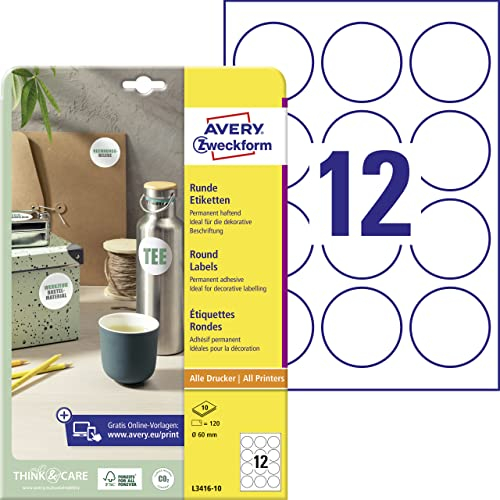 AVERY Zweckform L3416-10 Runde Etiketten (120 Klebepunkte, Ø60mm auf A4, runde Aufkleber zum Bedrucken, selbstklebende Produktetiketten, permanent haftende Marmeladenetiketten) 10 Blatt, weiß