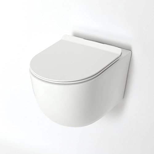 Milano Overton Modern White Ceramic Wall Hung Round Rimless Toilet WC Soft Close Seat