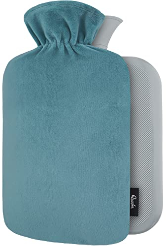 Qomfor Borsa Acqua Calda Con Copertura In Pile - Morbida Copertura Premium - 1,8L Grande Capienza - Boule Acqua Calda Per Alleviare Il Dolore, Schiena, Collo E Spalle E Calde Notti - Verde Blu