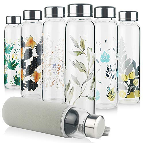 Reeho Sport Bottiglia di Acqua in Vetro 500ml/ 1000ml/ 1 Litro, Borraccia in Vetro Borosilicato con Custodia in Neoprene e Tappo in Acciaio Inossidabile