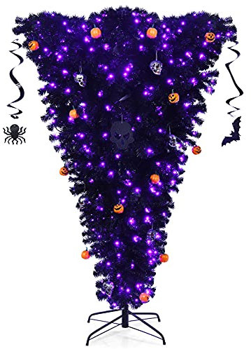 DREAMADE Albero di Natale Artificiale Nero 180 cm Sottosopra, Albero di Halloween Invertito Illuminato, Finto Pino con Cerniere e Luci LED Viola, Decorazione per Carnevale e Feste a Tema