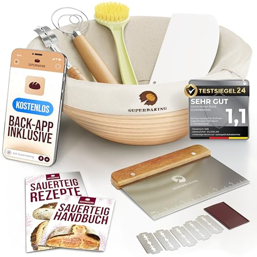 Superbaking Banneton Bread Proofing Basket, Sourdough Bread Baking Supplies, Round 9 Inch Sourdough Starter Kit, Proofing Basket for Baking, Bread Making Supplies Tools, Banneton Basket Gift Set