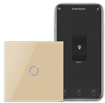 CNBINGO Smart Touch Light Switch, Works with Alexa and Google Assistant, Wi-Fi Switch, Flush-Mounted, with Glass Panel and Status LED, Single Wall Switch in Gold, Neutral Conductor Required