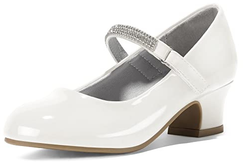 K KomForme Mary Jane Shoes with Low Heel Rhinestones Princess Flats Dress Pump Shoes for Little Kid/Big Kid White