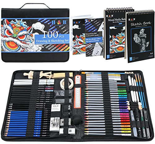 H & B 100pcs Sketching Set with Sketch Pads – Drawing Supplies for Adults and Teens, Watercolour Pencils, Charcoal Pencils, Shading Tools – Ideal Art Gift for Beginners & Artists