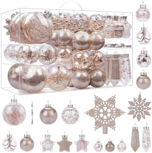 SHareconn 86PCS Christmas Tree Ornaments Clear Set,Shatterproof and Clear Plastic Baubles for Xmas Tree Decor, Holiday Wedding Party Decoration,Champagne