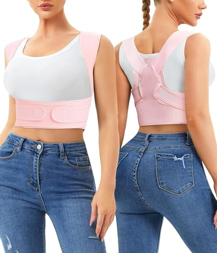 Junlan Rücken Geradehalter Haltungskorrektur Rücken Damen und Herren Schultergurt Haltungstrainer Posture Corrector Verstellbare Rückenstütze für Nacken, Schulter(Rosa, M-L)
