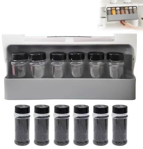HOMURY Étagère à Épices Extensible, Étagère à Épices avec Pots à Épices, Rangement Epices, 6 pots à Épices avec Étagère pour Rangement des Épices, sans Percage Etagere Epices Cuisine (32x13.5x9.5 cm)