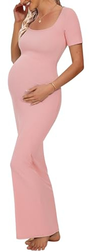Peauty Maternity Square Neck Bodycon Dress Ribbed Maxi Maternity Dress Photoshoot Short Sleeve Baby Shower Dress, Pink, L