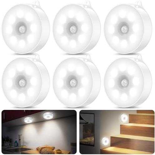 daphomeu 6 pezzi Luce notturna con sensore di movimento, 3 batterie AAA, illuminazione dell'armadio, sensore di movimento de interno per scale, camera da letto, cucina, sottopensile .(Bianco freddo)