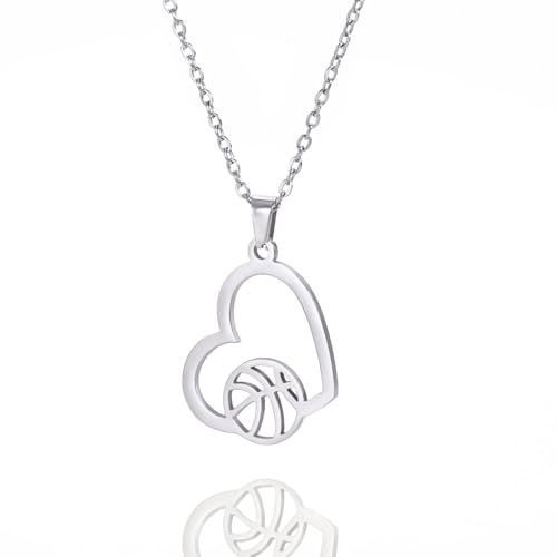 TEAMER Collar de Baloncesto Con Forma de Corazón - Colgante Deportivo, Joyería Única de Acero Inoxidable Para Amantes (Plata)