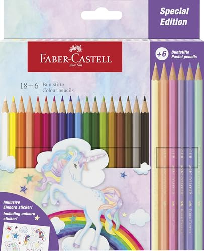 Faber-Castell 111221 - Buntstifte Set Einhorn, 24 Malstifte, inkl. Pastell Farben, sechseckige Stifte für Kinder und Erwachsene