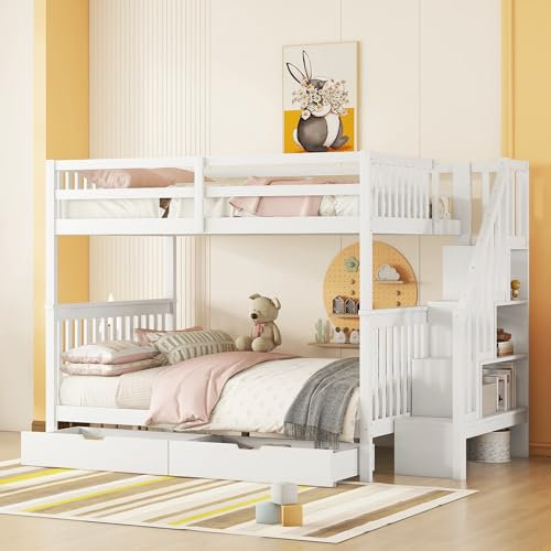 YESGIGA Litera, Estante de escalera, equipado con cama nido y barandilla alta, certificado EN747-1, blanco (con dos cajones, 140 x 200 cm)