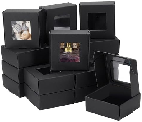 BENECREAT 28-pack 8,5 x 8,5 x 3,5 cm fyrkantiga presentaskar med klart fönster, svarta bagerilådor, presentförpackningslådor för årsdagar, födelsedagar, bröllop, examen