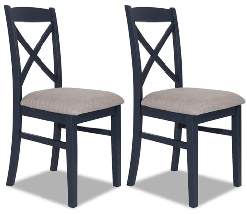 Statement Furniture Set of 2 Florence Cross Back Dining Chairs with Upholstered Seat, Wooden Kitchen Highback Chairs | W45cm H98cm D53cm, Seat Height 50cm (navy blue, 2-Chairs)