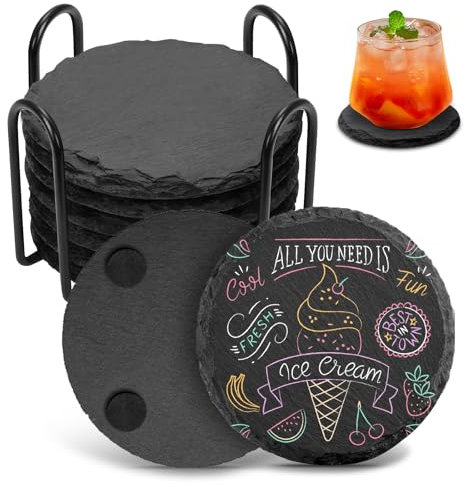 Slate Coasters with Metal Holder, Set of 8 Black Coasters, 4 Inch Stone Coaster Set with Anti-Scratch and Anti-Slip Bottom, Drink Coasters for Laser Engraving, Home Decor, Bar, Gifts, Round