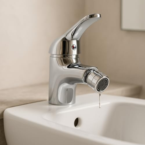 MAKA Rubinetto Miscelatore per Bidet con Snodo, Leva Monocomando Caldo-Freddo, Predisposizione per Piletta (non inclusa), Rubinetto con Aeratore, Alluminio, Cromato Lucido (Classico)