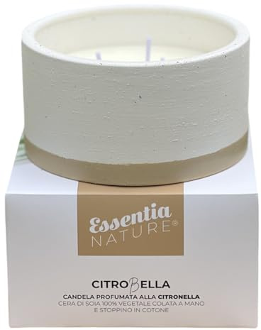 ESSENTIA CitroBella, Candela profumata alla Citronella, Cera di Soia Vegetale, Vaso Ceramica, Olio Essenziale Bio di Citronella di Java, Stoppino Cotone, Antizanzare, Durata 60 h (Sabbia, 265 g)