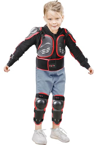 Teenager Youth Chest Back Protector, Kids Dirt Bike Gear for Motocross Armor, Adjustable Motorcycle Jacket with Knee Pads for MTB ATV Cycling Skating Skateboard (US, Alpha, Large, Regular, Red)