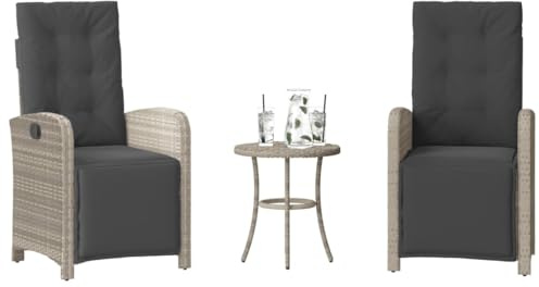 QUAHEAS - Juego de 3 piezas con cojines, color gris claro, poliratán, silla de relajación ajustable, mesa de jardín, resistente, para balcón y jardín