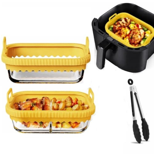 Rkixlix Cazuela Airfryer Set 2 Fuente Cristal Air Fryer con Asas Silicona Desmontable Moldes Vidrio Borosilicato Rectangulares Cestas 2 Tipos con Separador y Pinza Compatible AF400EU DZ400EU SL400EU