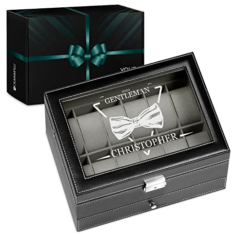 Maverton Uhrenbox mit Gravur für 12 Uhren & Schmuck - 30x20x13cm - Uhrenkasten aus Kunstleder - Schwarz - Geschenk für Männer - Gentleman