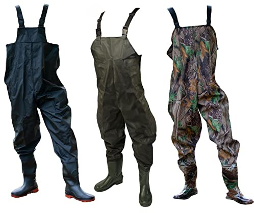 DNA Leisure New Green Camo or Black PVC Fly Carp Coarse Fishing Chest Waders with Elastic Quick Release Buckle Straps and Anti-Slip Moulded Boots/Wellies (EU Size: 41, UK Size 7, Camo)