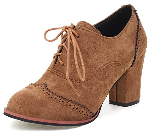 Lizoleor Donna Classico Cordoncino Tacco A Blocco Casuale Richelieu Scarpe Casuale Tacco Alto Pump retrò Scarpe Stringate Basse Ufficio Scarpe Marrone Numero 37 EU/38Cn