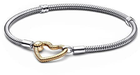 PANDORA Moments Herzverschluss Schlangen-Gliederarmband aus Sterling-Silber und 14 Karat vergoldeter Metalllegierung - kompatibel Moments Armbänder - Größe: 19cm